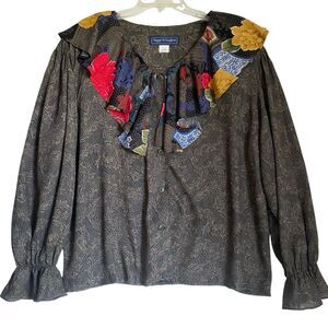 Vintage Top Blouse 16W Button Up Floral Ruffle Boho Gypsy Lagenlook Grunge